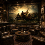 A dimly lit bar and lounge interior with dark leather armchairs, a round wooden coffee table, brick walls, and a large wall mural depicting a dramatic historical battle scene with figures in a boat carrying an American flag.