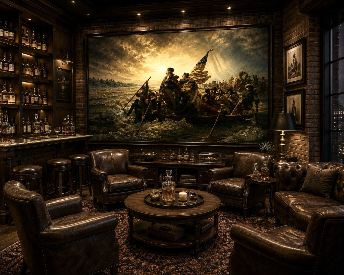 A dimly lit bar and lounge interior with dark leather armchairs, a round wooden coffee table, brick walls, and a large wall mural depicting a dramatic historical battle scene with figures in a boat carrying an American flag.