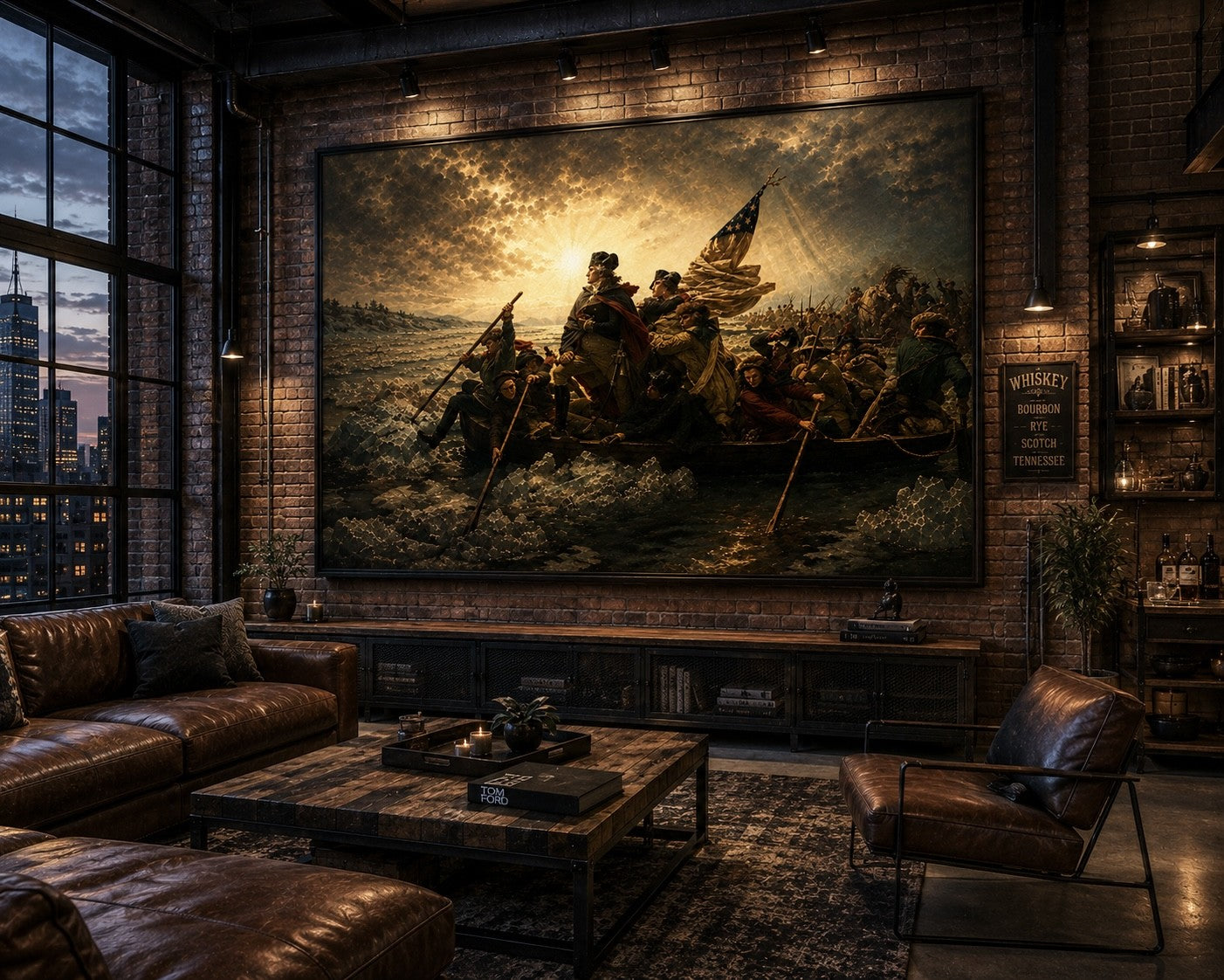 A large framed historical battle painting of soldiers crossing a river is displayed on a brick wall in a modern, dimly lit living room with leather sofas, a coffee table, and industrial windows.