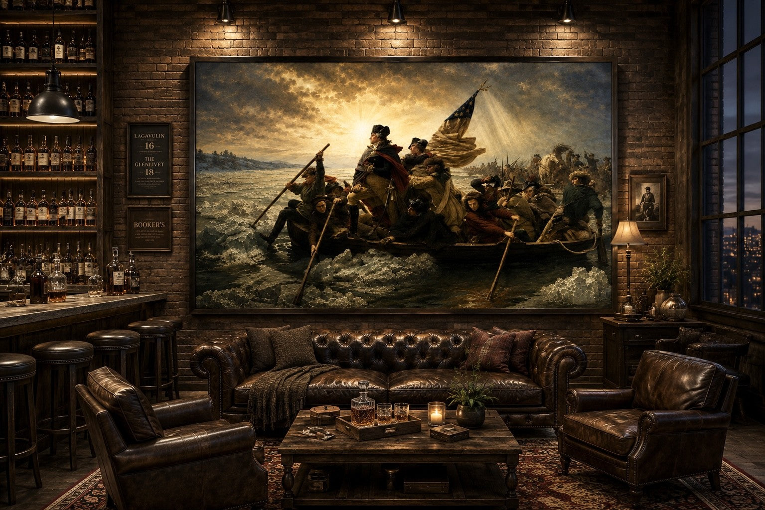 A large framed historical painting of George Washington leading a boat on turbulent waters hangs on a brick wall above a dark leather sofa in a dimly lit bar lounge.