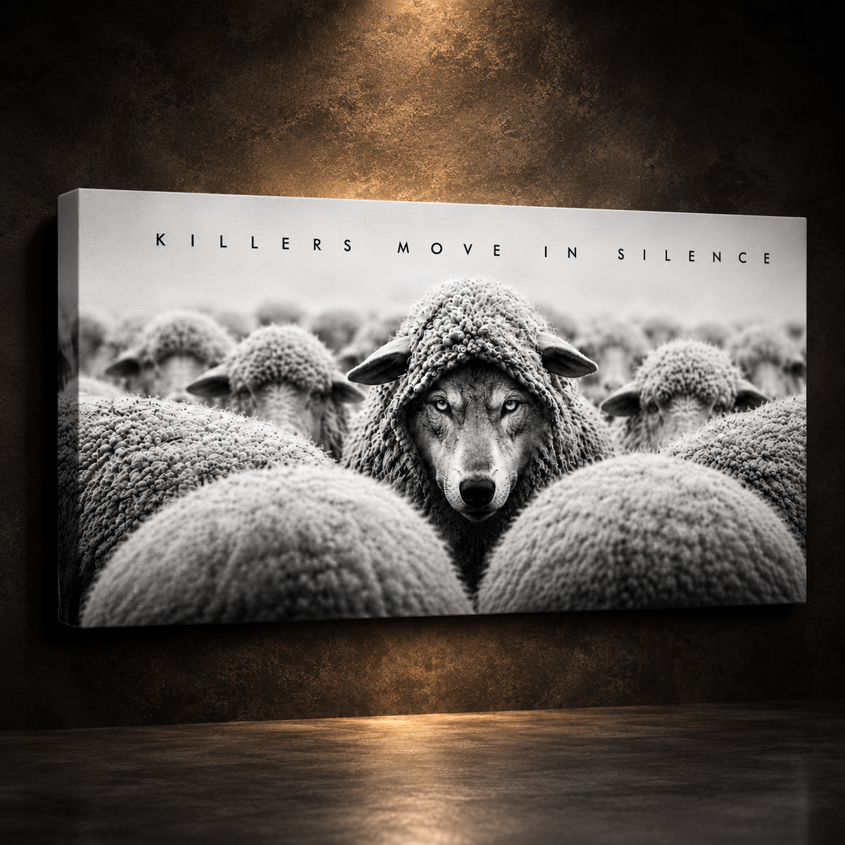 A rectangular wall art print or canvas showing a black-and-white photograph of a wolf among sheep, with the text 'KILLERS MOVE IN SILENCE' across the top, displayed against a dark textured wall with warm lighting.