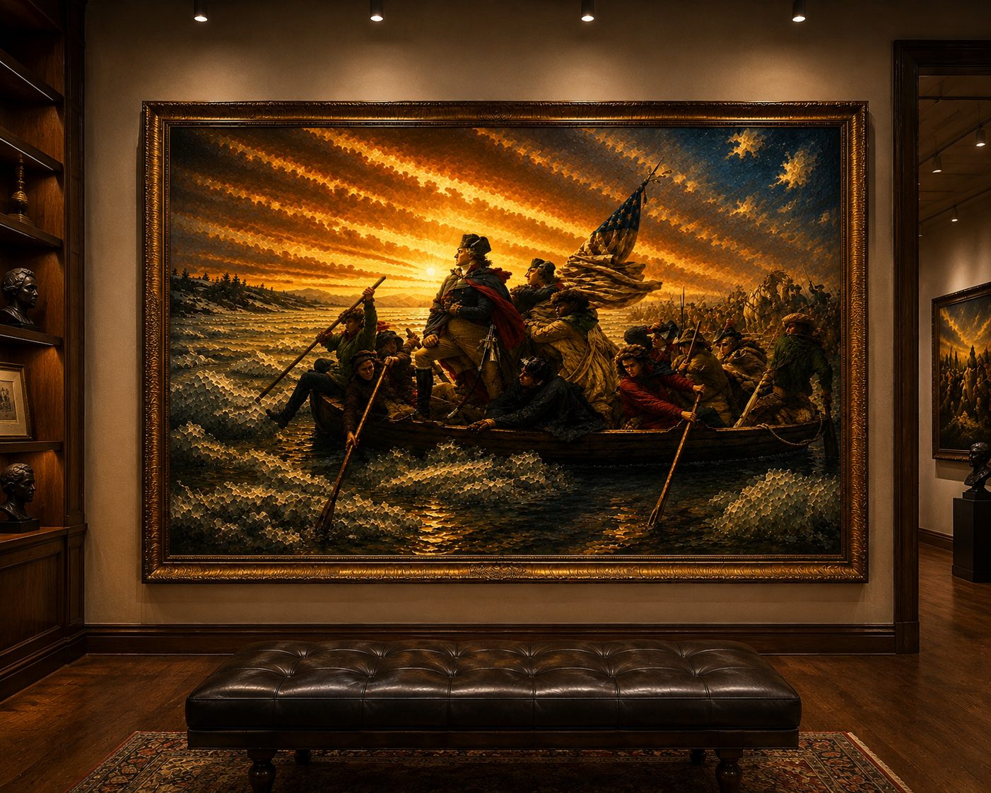 A large framed historical oil painting depicting a dramatic sunset scene with figures in a boat on the water, displayed on a wall above a dark leather bench in a gallery setting.