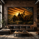 A large framed historical battle painting hangs on a brick wall above a dark leather sectional sofa in a modern loft-style living room with exposed brick, large windows, and industrial ceiling details.