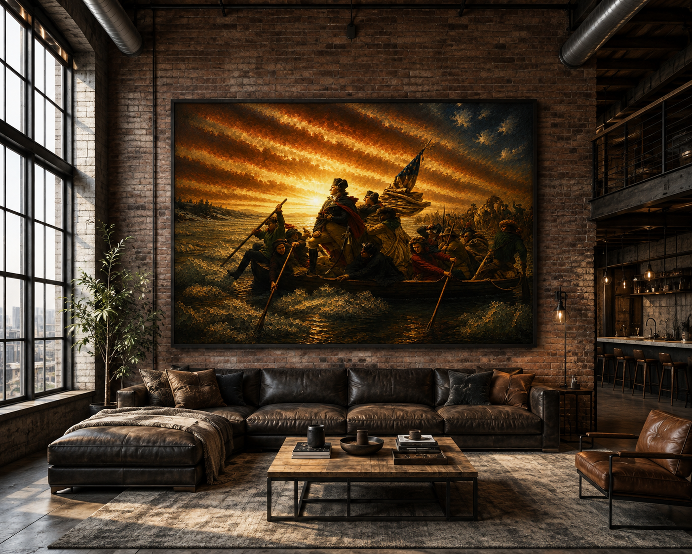 A large framed historical battle painting hangs on a brick wall above a dark leather sectional sofa in a modern loft-style living room with exposed brick, large windows, and industrial ceiling details.
