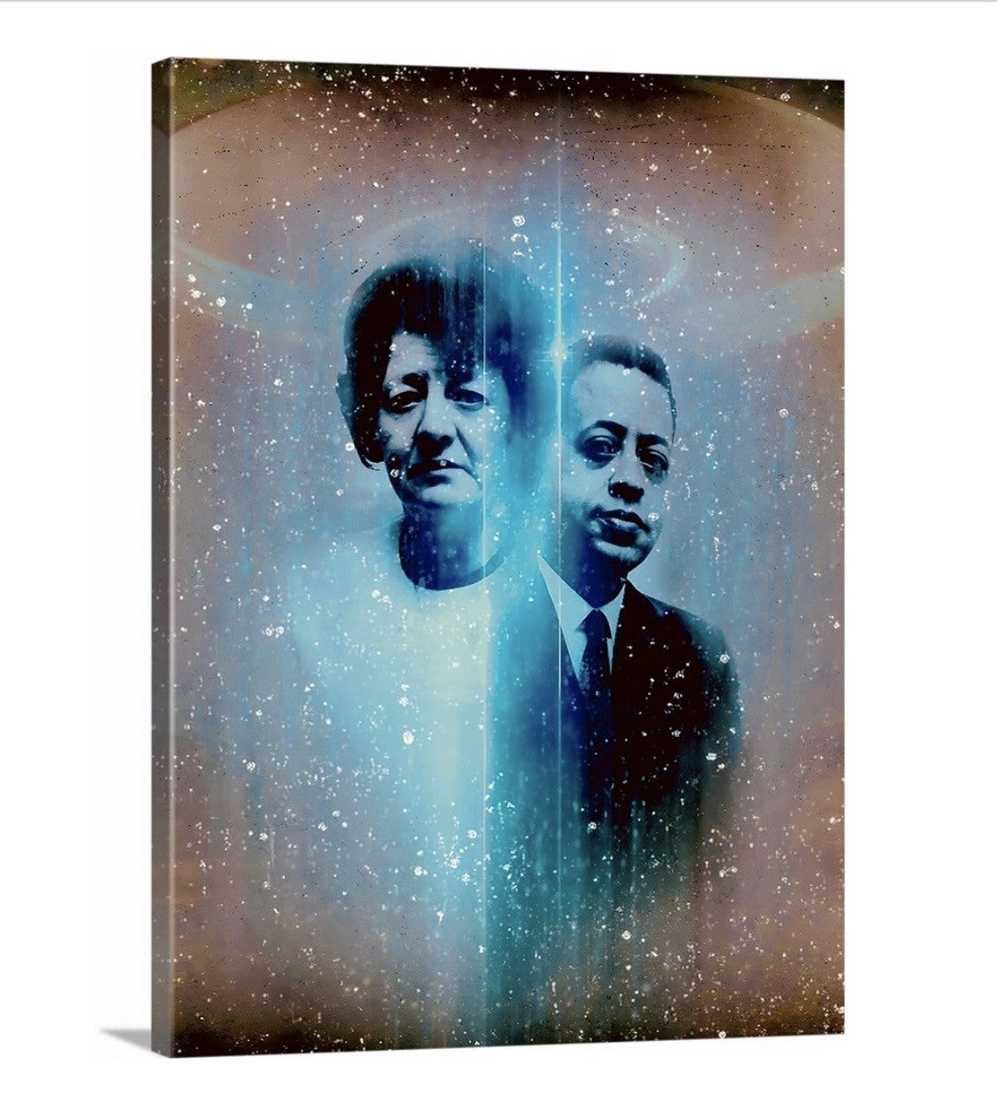 Canvas print with two portraits against a starry space background
