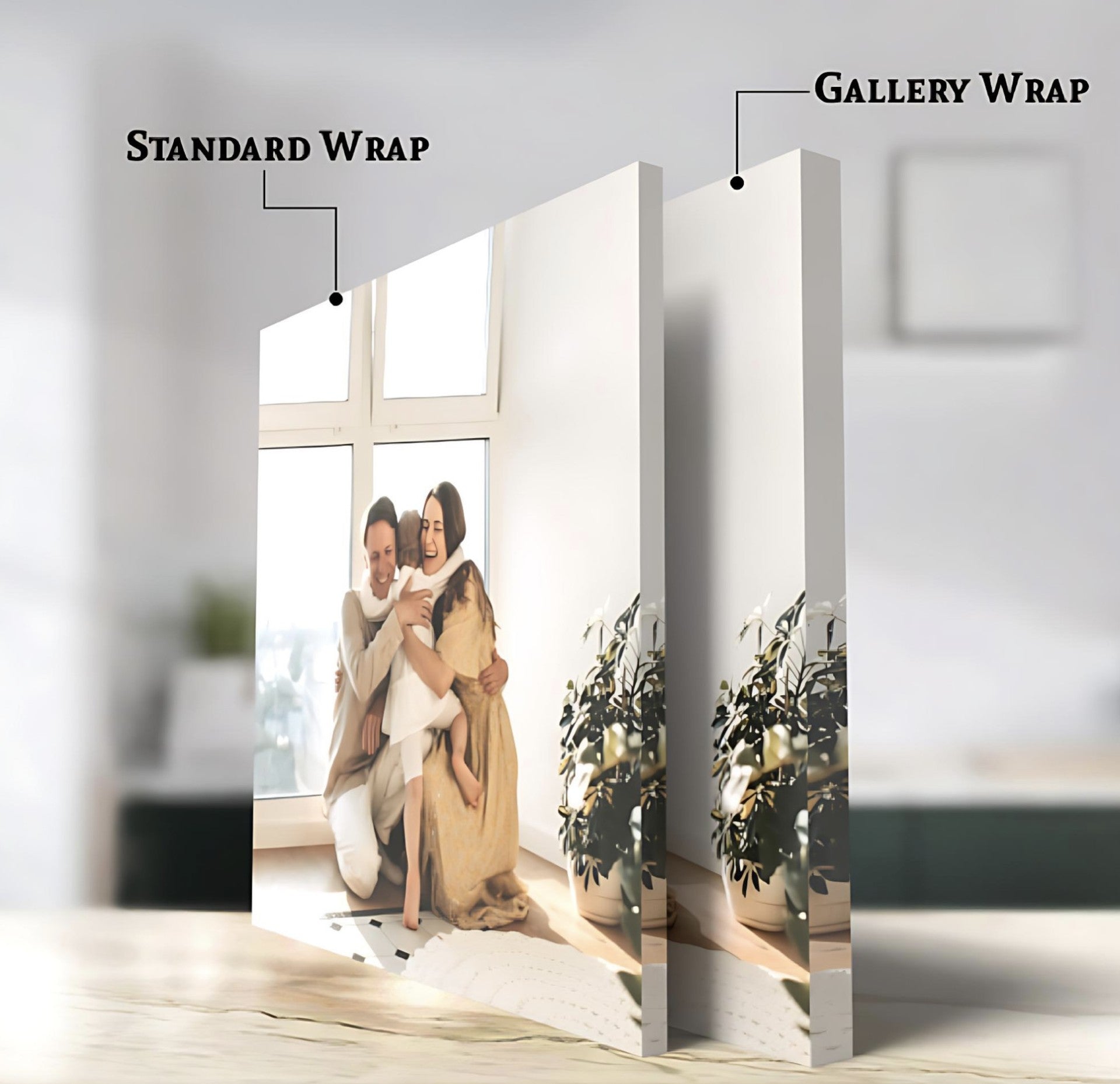Two canvas wraps showing 'Standard Wrap' and 'Gallery Wrap' on a wall with a blurred indoor background.