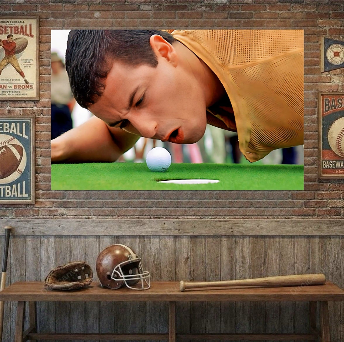 Golf-themed wall art with a golfer and golf ball on a brick wall background.