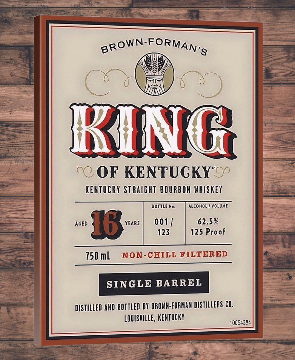 Brown-Forman's King of Kentucky bourbon whiskey label on a wooden background