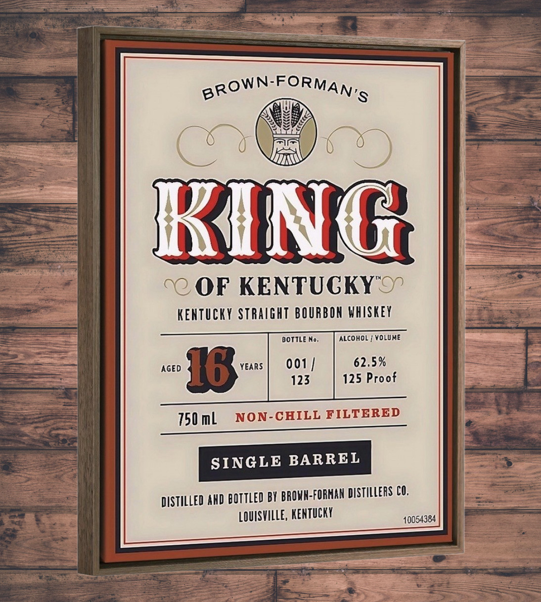 Brown-Forman's King of Kentucky bourbon whiskey label on a wooden background