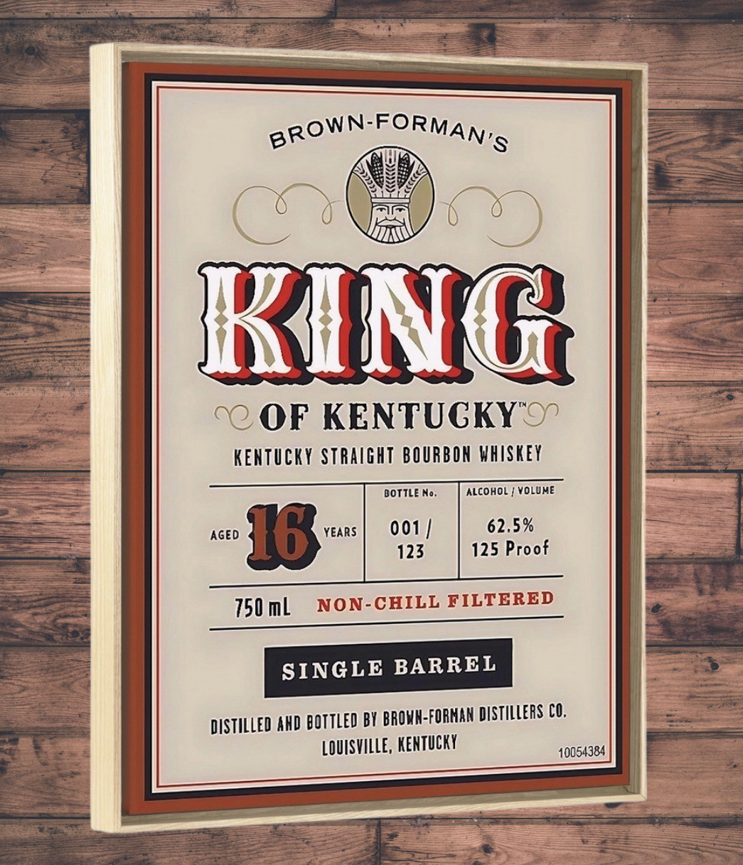 Brown-Forman's King of Kentucky bourbon whiskey label on a wooden background