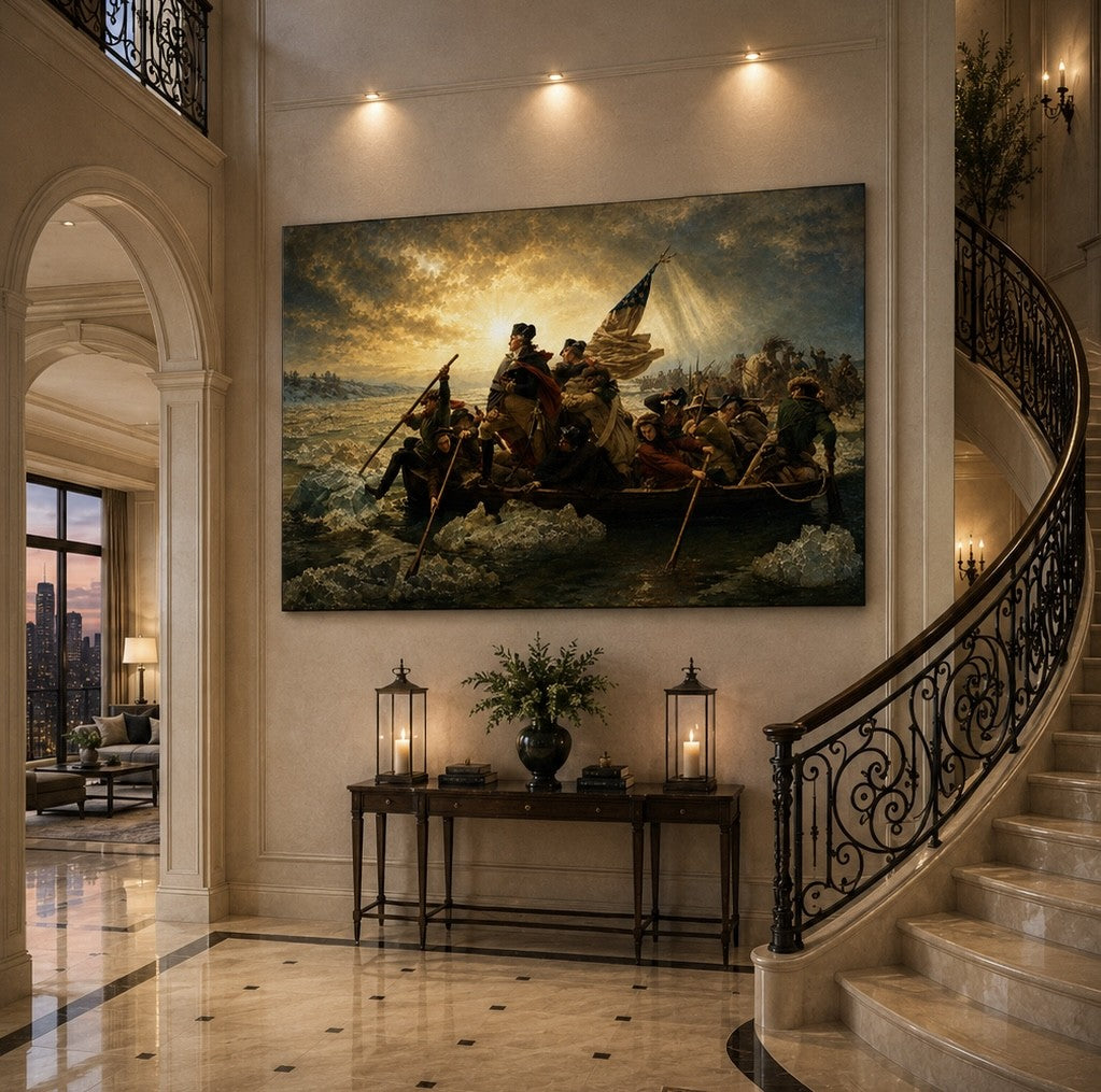 A large canvas print of George Washington's Continental Army crossing the Delaware River hangs on a beige wall in an elegant, upscale interior hallway with a marble floor, console table, and a curved staircase with a black iron railing.