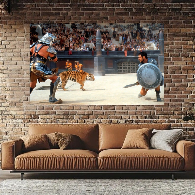 gladiator movie wall art, roman colosseum canvas, tiger fight poster, ancient warrior artwork, masculine home decor, black and gold wall art, cinematic canvas print, epic battle scene art, warrior mindset decor, luxury man cave wall art